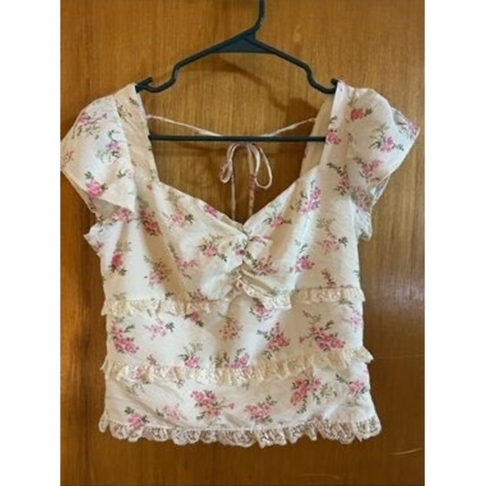 Kirious Los Angeles Pink Floral Lace Trim Smocked Back Blouse Large